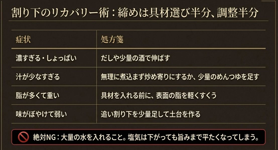 割り下が濃すぎる、汁が少ない、脂が重いといった症状別の対策表。大量の水を入れないという注意点。