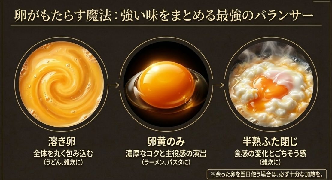 溶き卵、卵黄のみ、半熟ふた閉じなど、卵の入れ方による効果と相性の良い締めメニューの紹介。