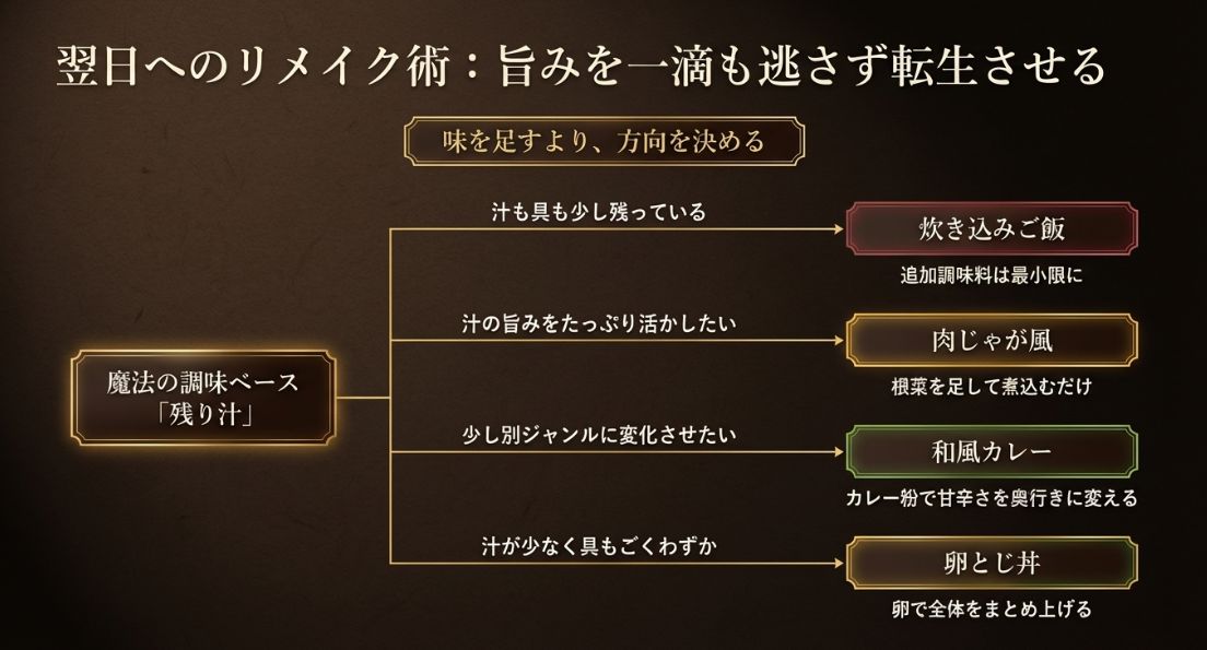 残り汁の状態に合わせたリメイクの方向性。炊き込みご飯、肉じゃが風、和風カレー、卵とじ丼の選び方。