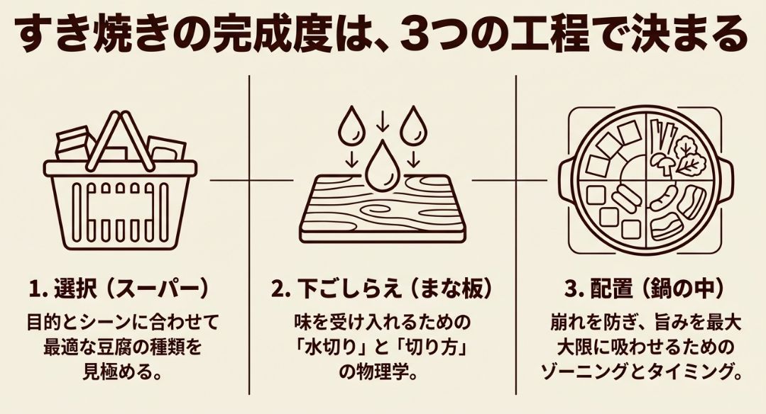1.選択（スーパーでの選び方）、2.下ごしらえ（水切り・切り方）、3.配置（鍋の中のゾーニング）の3工程を示したアイコン付き解説図。