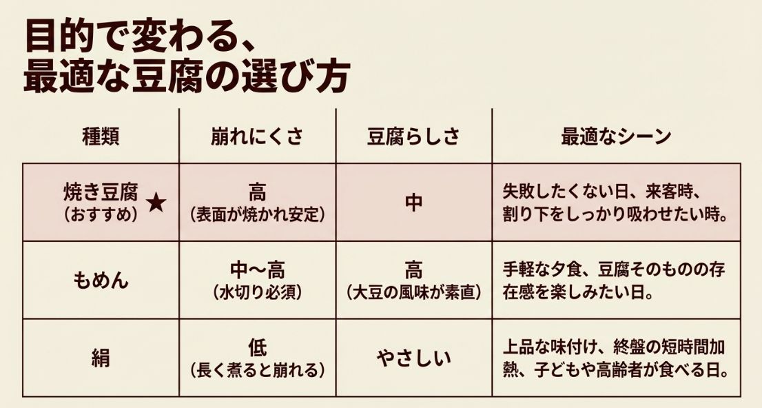 焼き豆腐、もめん、絹それぞれの「崩れにくさ」「豆腐らしさ」「最適なシーン」をまとめた比較表。