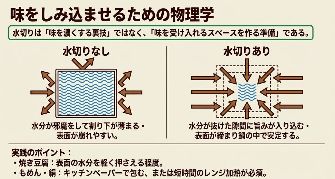 水切りなし（水分が邪魔をして味が薄まる）と水切りあり（隙間に旨みが入り込む）の違いを示した比較イラスト。