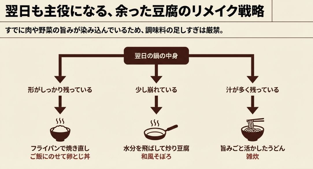 豆腐の状態（形がある・崩れている・汁が多い）に合わせた、卵とじ丼、炒り豆腐、うどんなどの活用アイデア表。