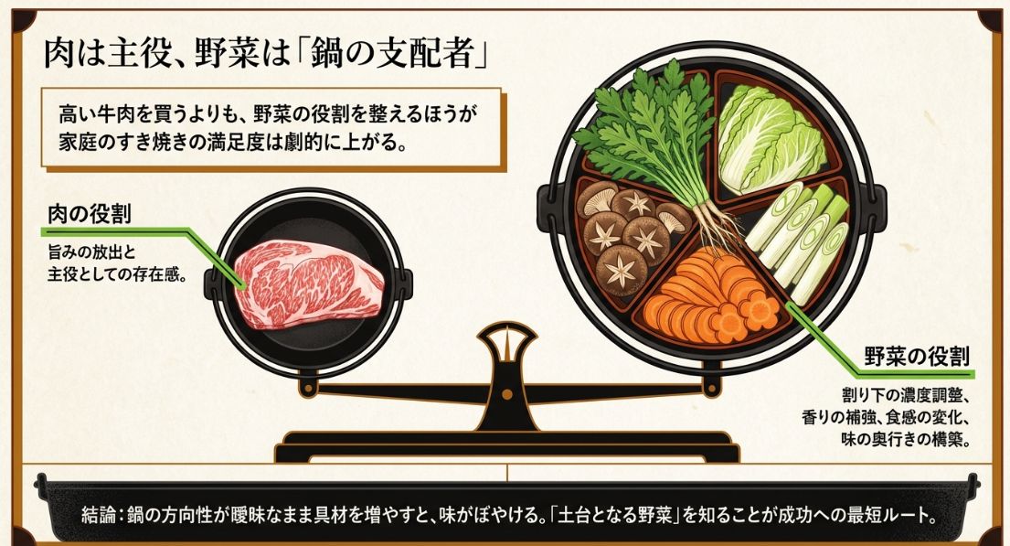肉は「旨みの放出と主役としての存在感」、野菜は「割り下の濃度調整、香りの補強、食感の変化、味の奥行き」を担うという天秤の図解。