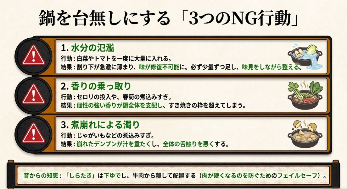 水分の氾濫、香りの乗っ取り、煮崩れによる濁りの3つの注意点と、しらたきの配置に関する知恵をまとめた警告マーク付きのスライド。