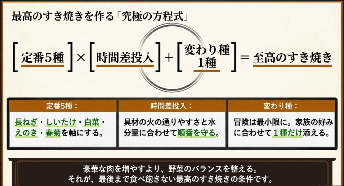 [定番5種]×[時間差投入]+[変わり種]=至高のすき焼き、という方程式と、それぞれの要点をまとめた表形式の結論スライド。