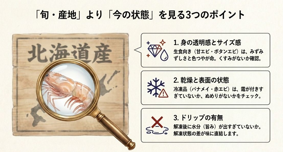 身の透明感、表面の乾燥（霜やぬめり）、ドリップの有無という、購入時にチェックすべき鮮度の判断基準を解説したスライド 。