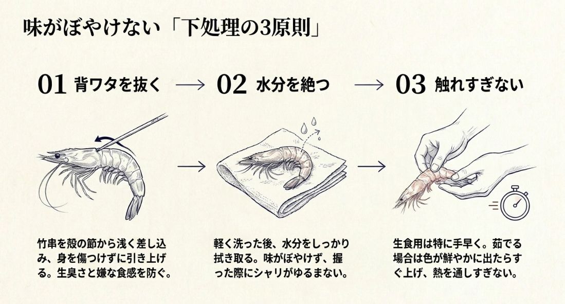 背ワタを抜く、水分を絶つ、触りすぎないという、寿司エビの味を落とさないための3つの基本工程をイラストで示したスライド 。