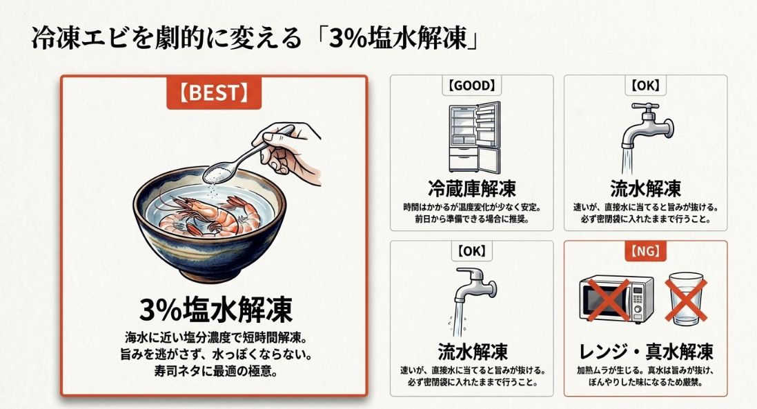 3%塩水解凍（BEST）、冷蔵庫解凍（GOOD）、流水解凍（OK）、レンジ・真水解凍（NG）の4方法を比較したスライド 。