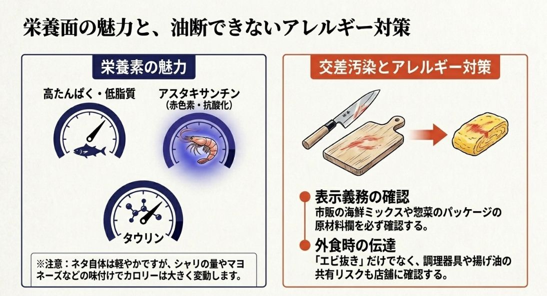 高たんぱく・低脂質な栄養素（タウリンやアスタキサンチン）の魅力と、原材料表示の確認や外食時の伝達といったアレルギー対策をまとめたスライド 。