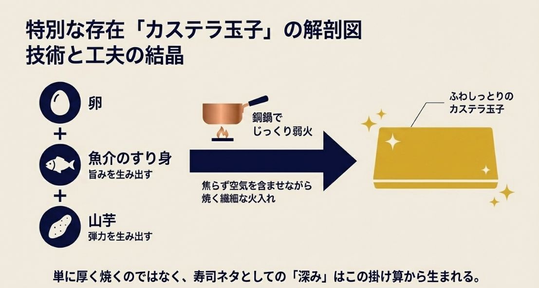 卵に魚介のすり身や山芋を加え、銅鍋でじっくり焼き上げるカステラ玉子の材料と工程の解説図。