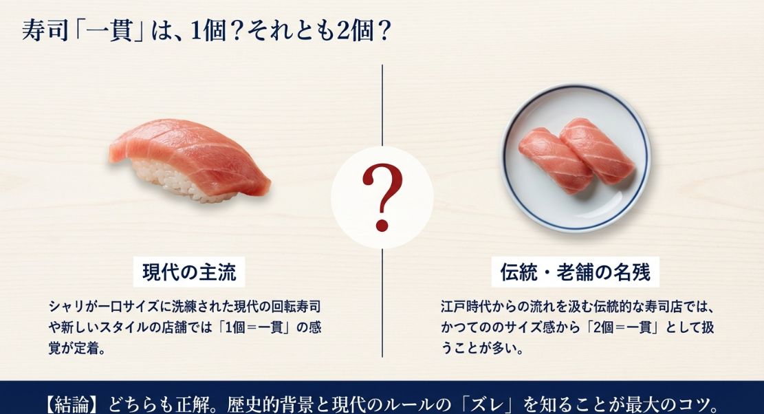 現代の回転寿司などでは「1個＝一貫」が主流である一方、伝統的な寿司店では「2個＝一貫」とされることが多いという対比を説明したスライド。