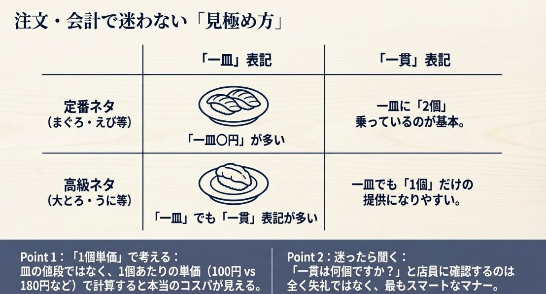 定番ネタと高級ネタで異なる「一皿」と「一貫」の表記ルールの違いや、1個あたりの単価で計算するコツをまとめた表形式のスライド。