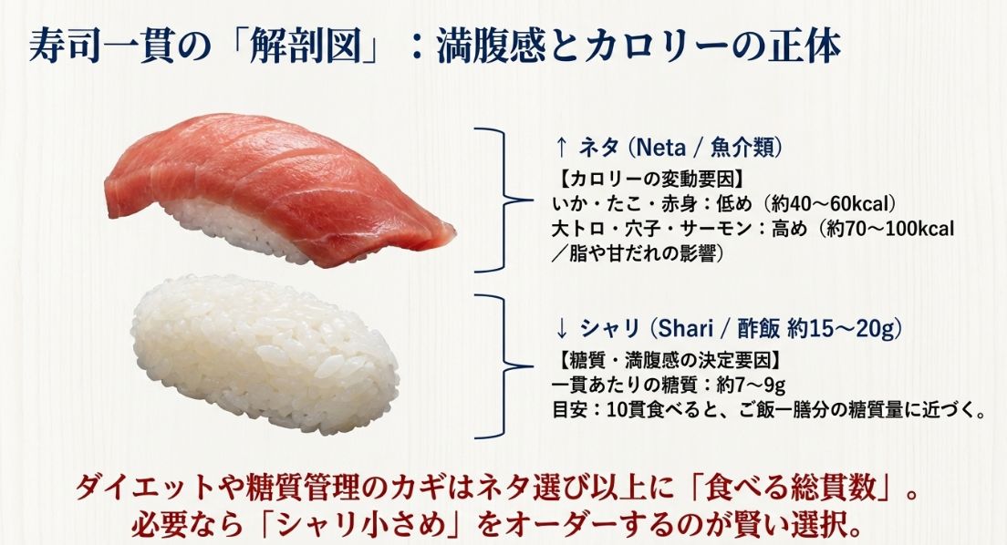 寿司一貫（シャリ約15〜20g）の解剖図と、ネタごとのカロリー変動要因、糖質量を10貫食べた際の目安とともに解説したスライド。