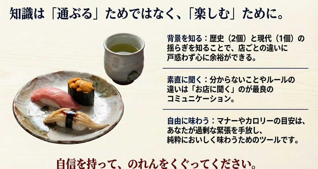背景を知り、お店に素直に聞き、自由に味わうことで、自信を持って寿司を楽しむことを勧めるまとめのスライド。