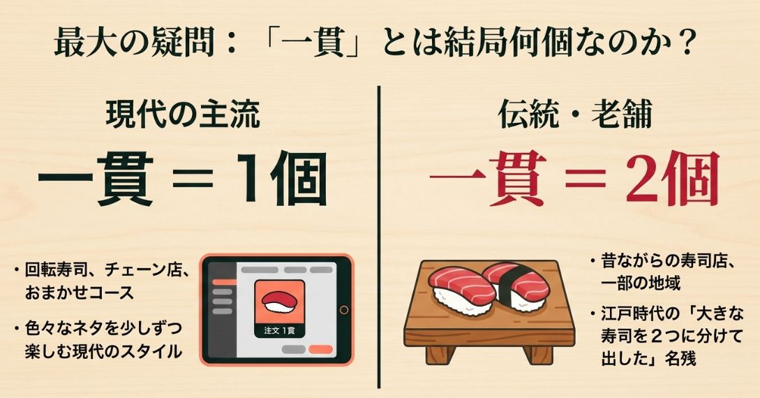 現代の主流（一貫＝1個）と伝統・老舗（一貫＝2個）の違いを比較した解説スライド。