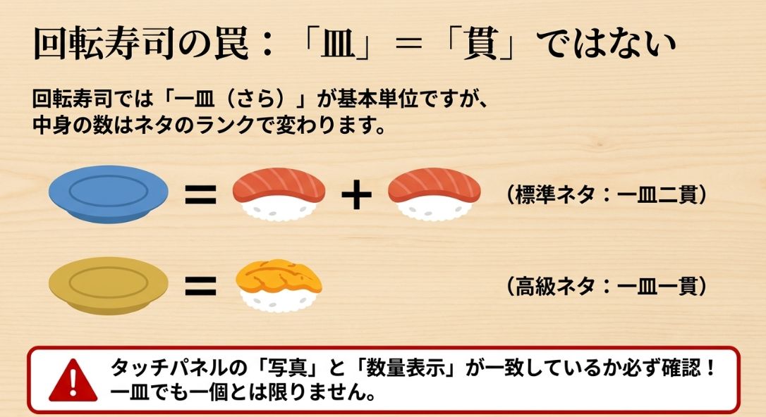 ネタのランクによって一皿二貫と一皿一貫が混在するため、タッチパネルを確認すべきという注意喚起の図解。