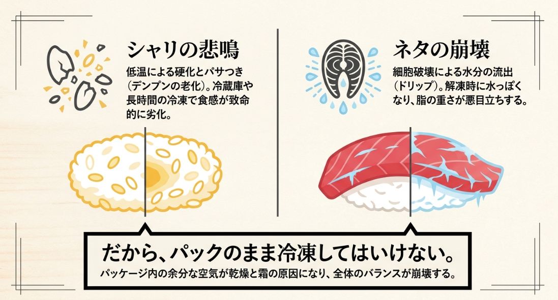 シャリの乾燥・硬化（デンプンの老化）と、ネタの細胞破壊による水分の流出（ドリップ）を解説する図解。