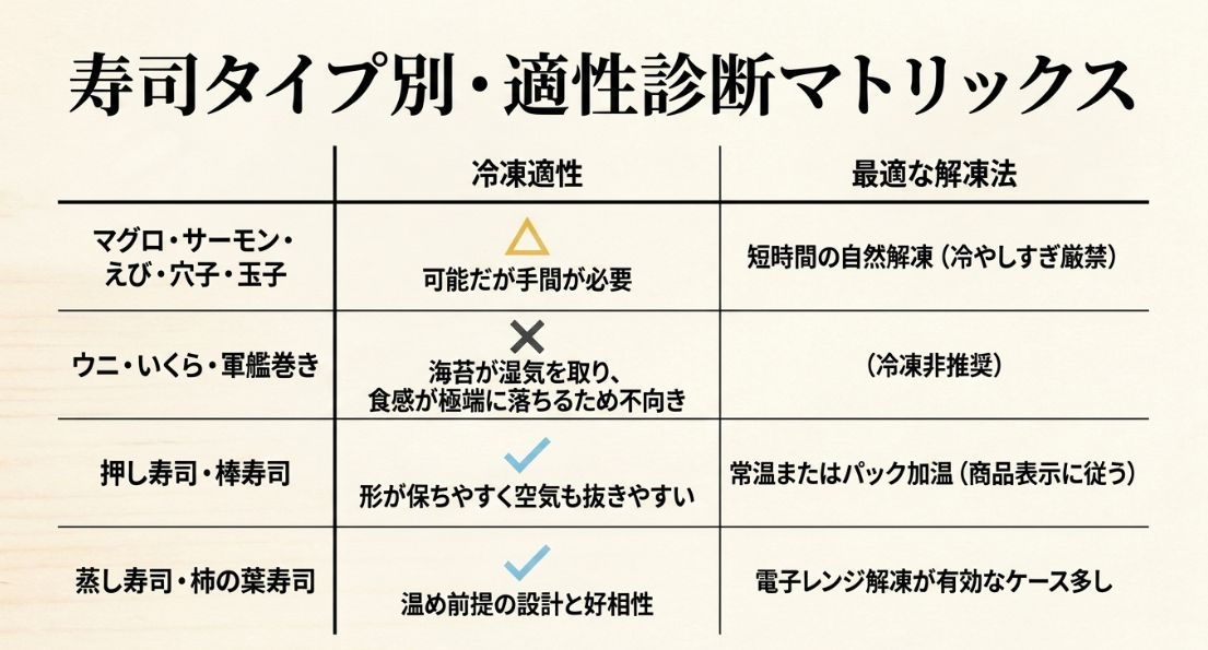 ネタの種類（マグロ、サーモン、ウニなど）や寿司の形式（握り、押し寿司、巻き寿司）ごとの冷凍の向き不向きと最適な解凍法をまとめた表。