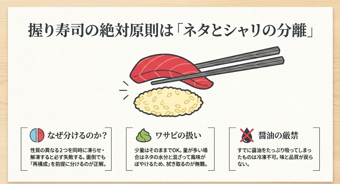 解凍時の食感を保つために、握り寿司をネタとシャリに分けて保存することを推奨するイラスト。