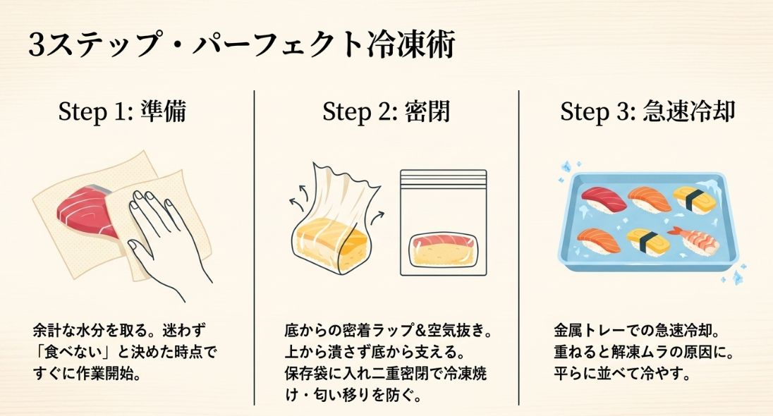水分除去、底からの密着ラップと空気抜き、金属トレーによる急速冷却の3つの工程を説明するイラスト。