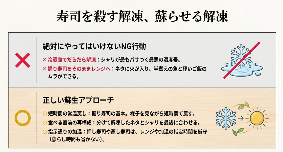 冷蔵庫での長時間解凍や直接のレンジ加熱などのNG例と、常温戻しや再構成などの推奨アプローチを比較した図解。