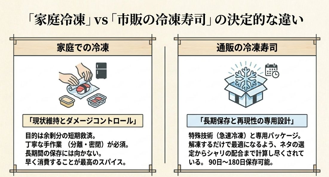家庭での「短期救済・現状維持」と、通販の「長期保存・専用設計」という、それぞれの目的と技術の違いを比較した表。