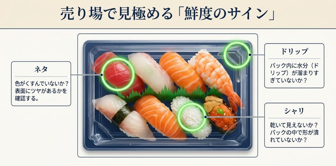 ネタのツヤ、パック内のドリップ（水分）、シャリの乾燥の有無を確認するポイントをイラストで解説。