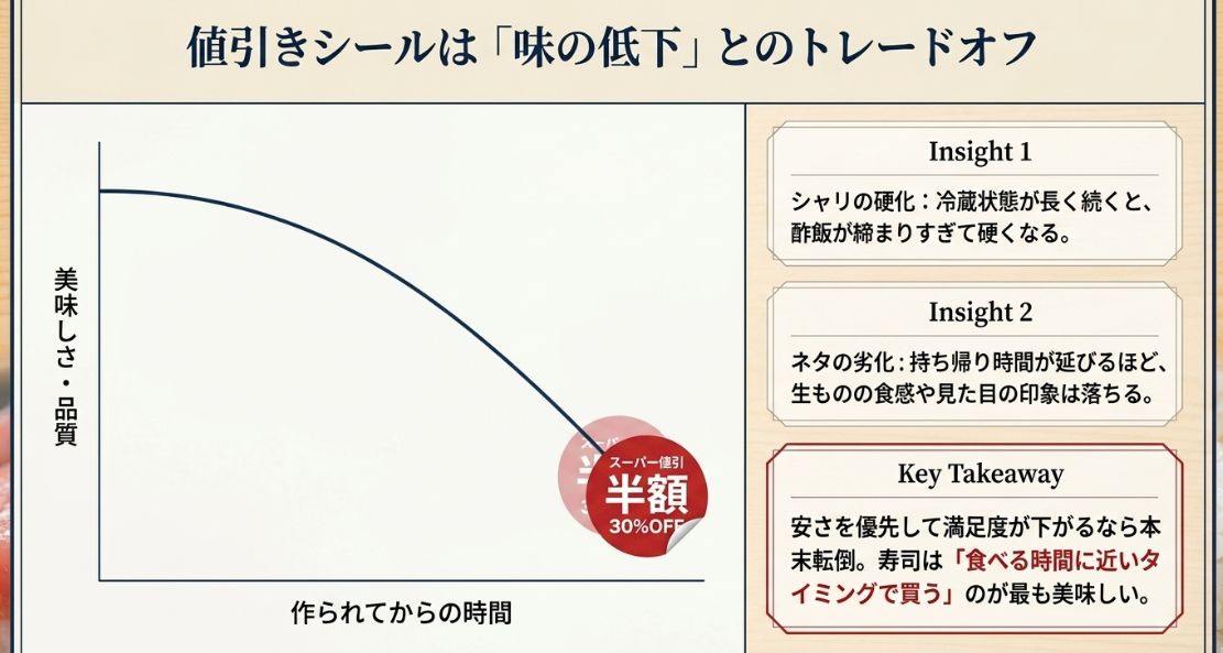 冷蔵時間が長いことによるシャリの硬化とネタの劣化。安さより「食べる時間に近いタイミングで買う」重要性の解説。