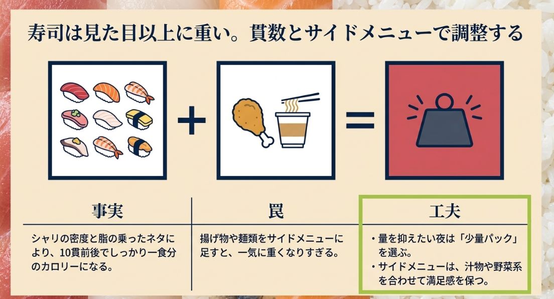 シャリの密度と脂による満足感。揚げ物や麺類を足すと重くなりすぎるため、汁物や野菜系を合わせる工夫の提案。