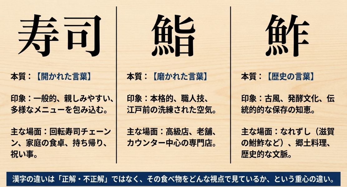 「寿司（開かれた言葉）」「鮨（磨かれた言葉）」「鮓（歴史の言葉）」それぞれの印象、主な場面、本質をまとめた図。表記の違いがその食べ物をどう見ているかの「重心の違い」であることを説明している。