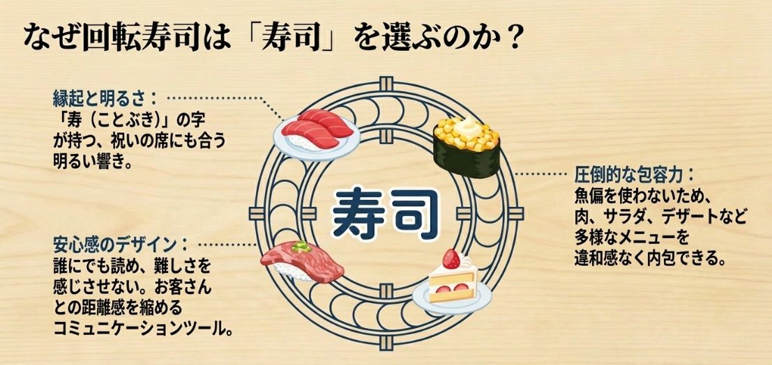 縁起と明るさ、誰にでも読める安心感、そして魚以外の多様なメニューも内包できる圧倒的な包容力という、「寿司」表記の強みを解説する図。