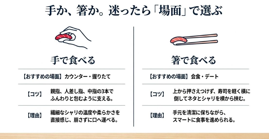 手で食べる場合（カウンター・握りたて）と箸で食べる場合（会食・デート）のコツと理由をまとめた比較表。手の場合は3本指で支え、箸の場合は横に倒して挟むイラスト付き。