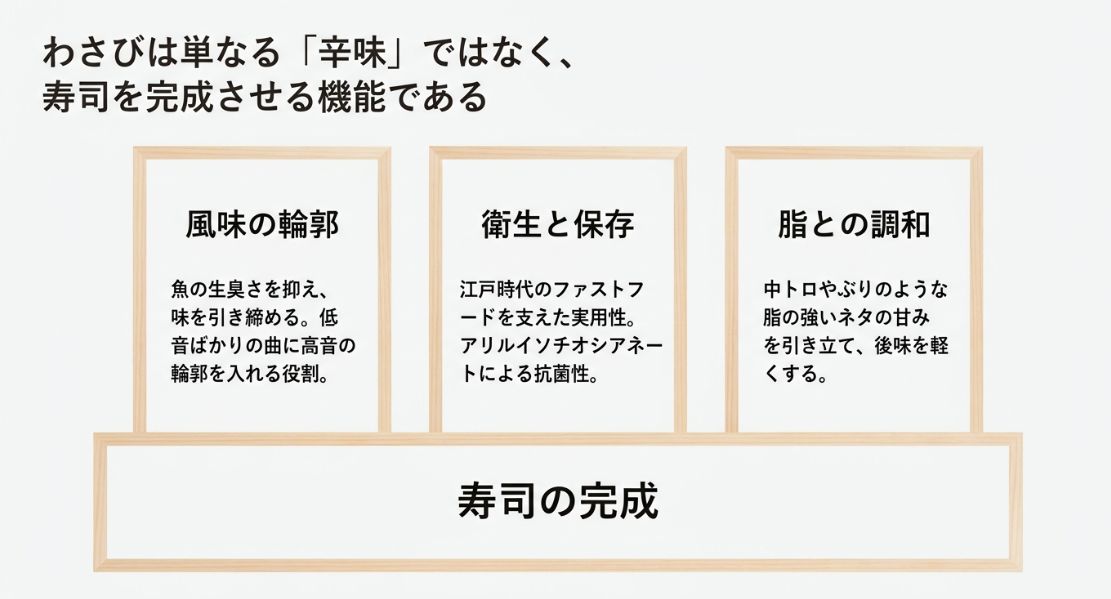 わさびの役割として、風味の輪郭（生臭さの抑制）、衛生と保存（抗菌性）、脂との調和（甘みの引き立て）の3点を説明したスライド