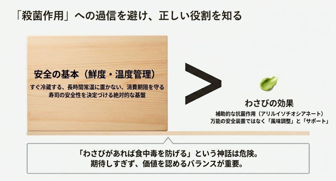 安全の基本は鮮度・温度管理であることを強調し、わさびの抗菌作用はあくまで補助的であることを説明する注意喚起のスライド