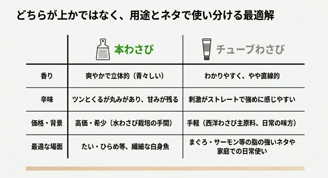 本わさびとチューブわさびについて、香り、辛味、価格、最適な場面の4つの項目で比較した一覧表のスライド