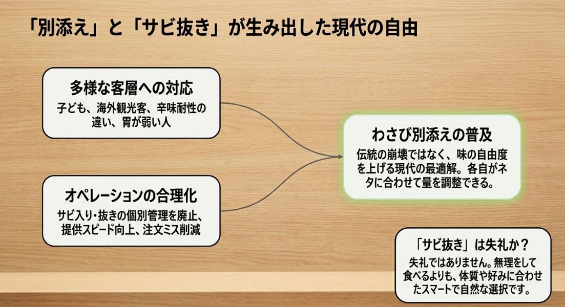 多様な客層への対応やオペレーションの合理化といった、回転寿司でわさび別添えが普及した背景を解説するスライド