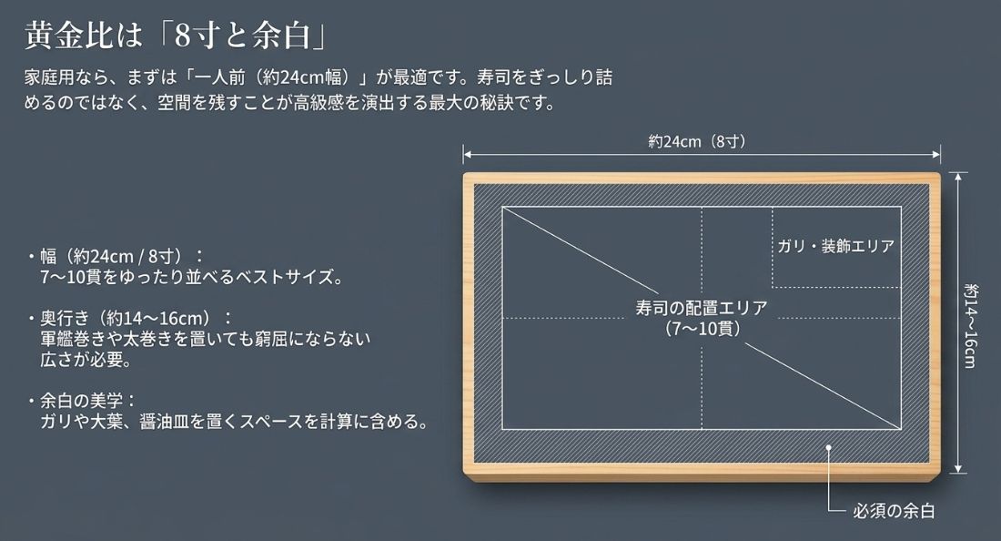 8寸（約24cm）の寿司げたの寸法図。寿司7〜10貫を並べるエリアと、ガリや装飾のための余白エリアのバランスを解説している 。