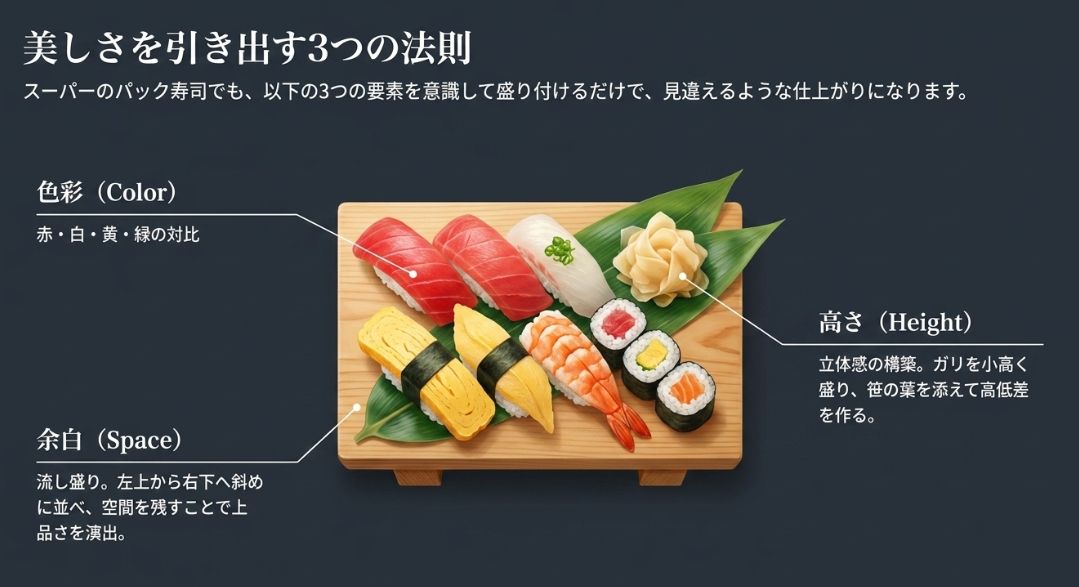 寿司げたに寿司、ガリ、笹の葉をバランスよく配置した写真。色彩の対比、斜めの流し盛りによる余白、高低差による立体感を意識した例 。