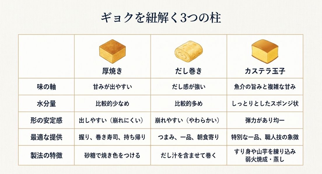 厚焼き、だし巻き、カステラ玉子の3種類を、味、水分、安定感、提供方法、製法の5項目で比較したマトリックス図。