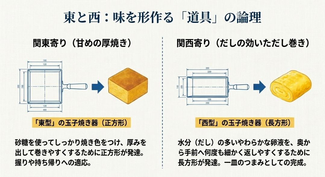 正方形の「東型」と長方形の「西型」の道具図解。厚みを出すための正方形と、だしを返しやすくするための長方形の論理を説明。