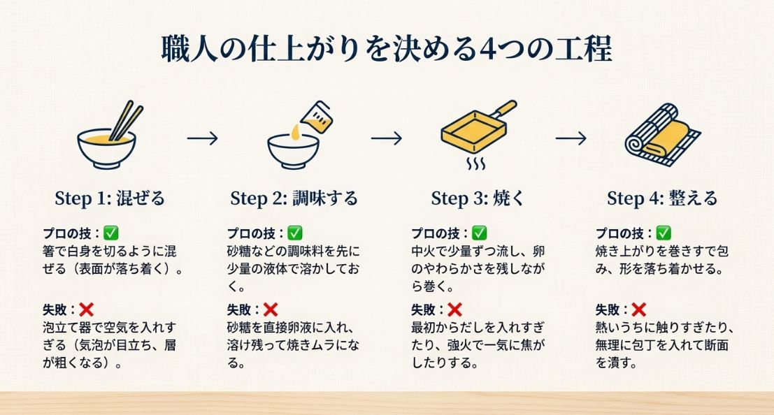 卵の混ぜ方や調味、焼き方、巻きすでの整え方について、プロの技と失敗例をステップ別に図解したイラスト。