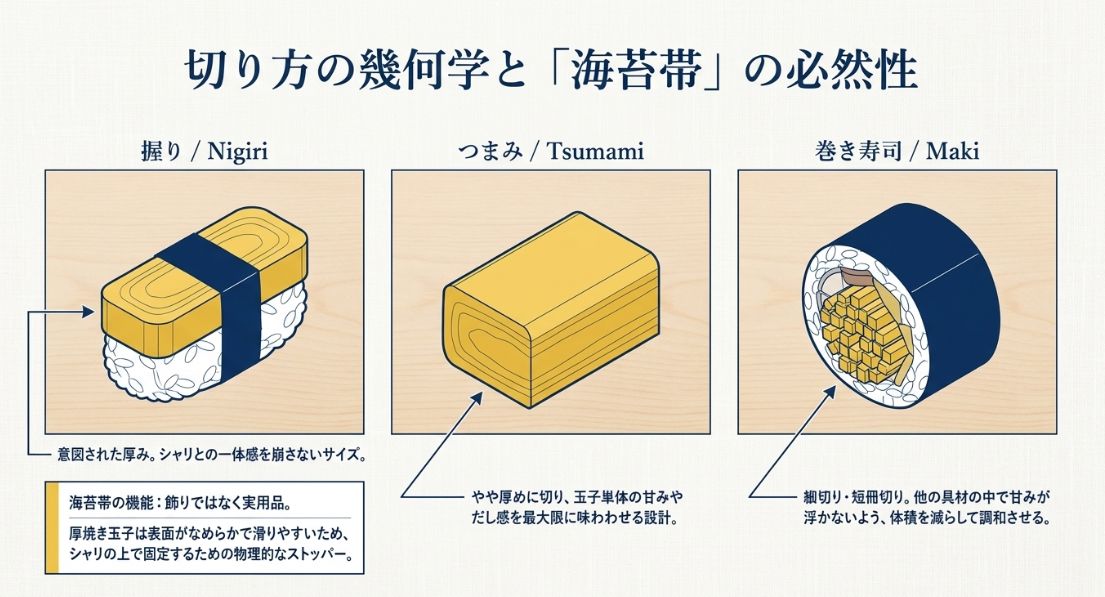 握り（海苔帯）、つまみ、巻き寿司それぞれの用途に合わせた最適な切り方と、海苔帯が滑り止めのストッパーである理由の解説。