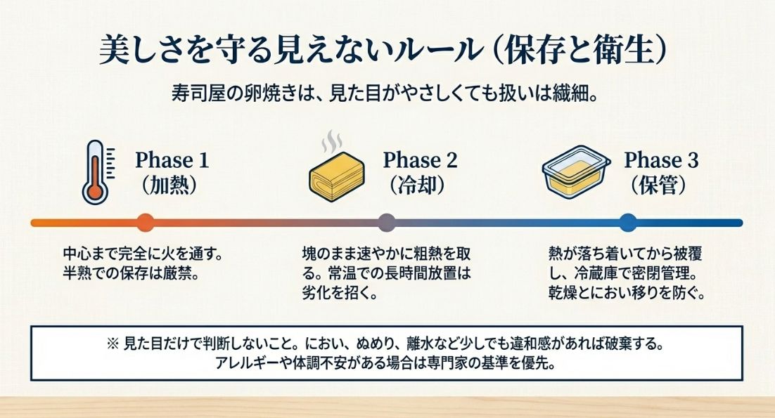 加熱（中心まで）、冷却（速やかに粗熱を取る）、保管（冷蔵密閉）の3段階管理を解説した図。