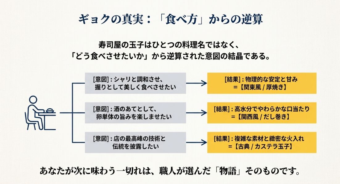「どう食べさせたいか」という職人の意図（握り、酒のあて、伝統披露）が、それぞれ厚焼き、だし巻き、カステラ玉子の結果に繋がることを示したまとめ図。