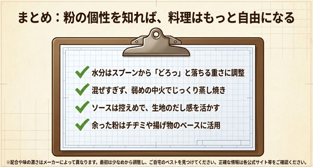 水分調整、焼き方、ソースの量、余った粉の活用法をまとめたチェックリスト。