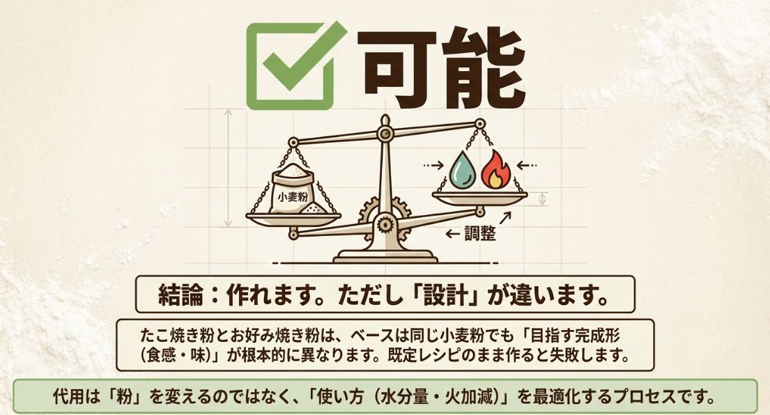 たこ焼き粉でお好み焼きは作れるが「設計」が根本的に異なることを説明するテキストスライド。