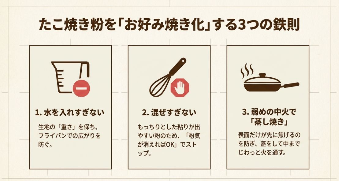 水を入れすぎない、混ぜすぎない、弱めの中火で蒸し焼きにする、という3つの重要ポイントを記したスライド。