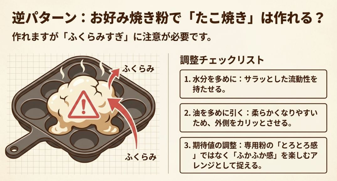 たこ焼き器からはみ出すほど膨らんでしまうお好み焼き粉生地のイラストと調整チェックリスト。
