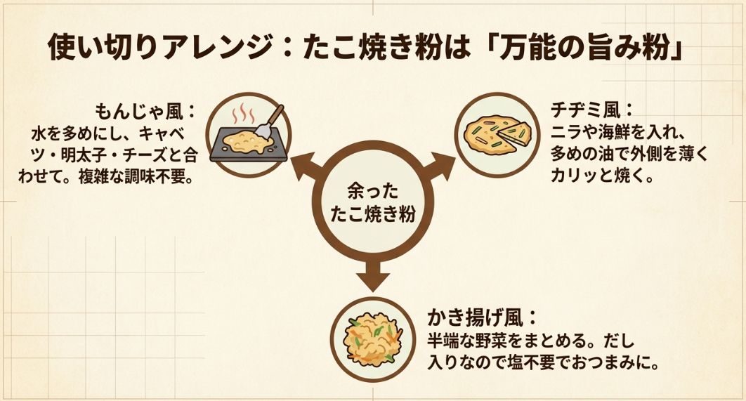 もんじゃ風、チヂミ風、かき揚げ風など、たこ焼き粉を万能だし粉として活用するアイデアのイラスト。